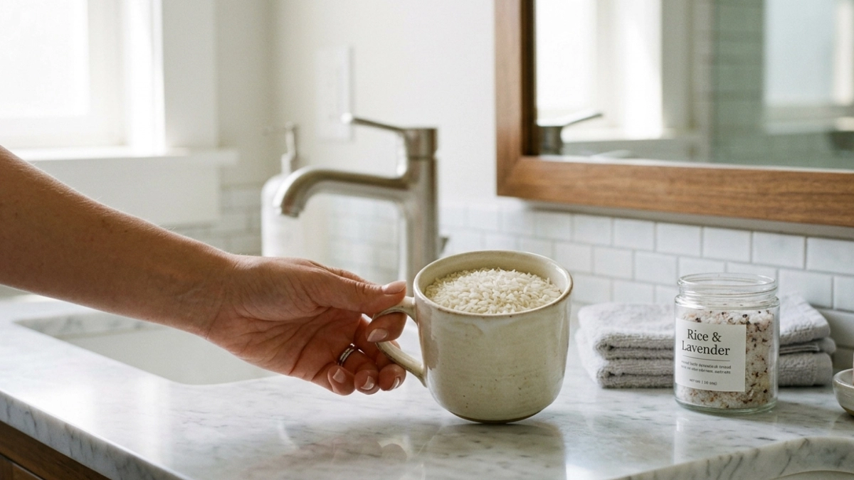 What is the purpose of placing a cup of rice in the bathroom