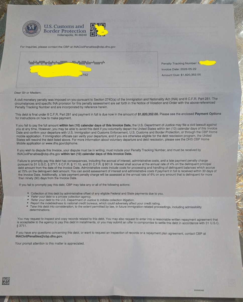 I froze Undocumented person faces a fine of 18 million from DHS