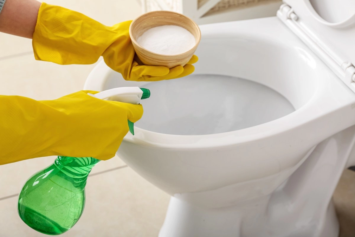 What is the purpose of sprinkling baking soda around the toilet?