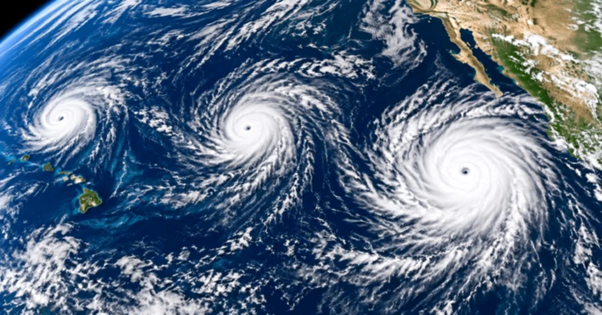 Pacific: Three hurricanes are active simultaneously between Hawaii and Mexico