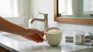 What is the purpose of placing a cup of rice in the bathroom?